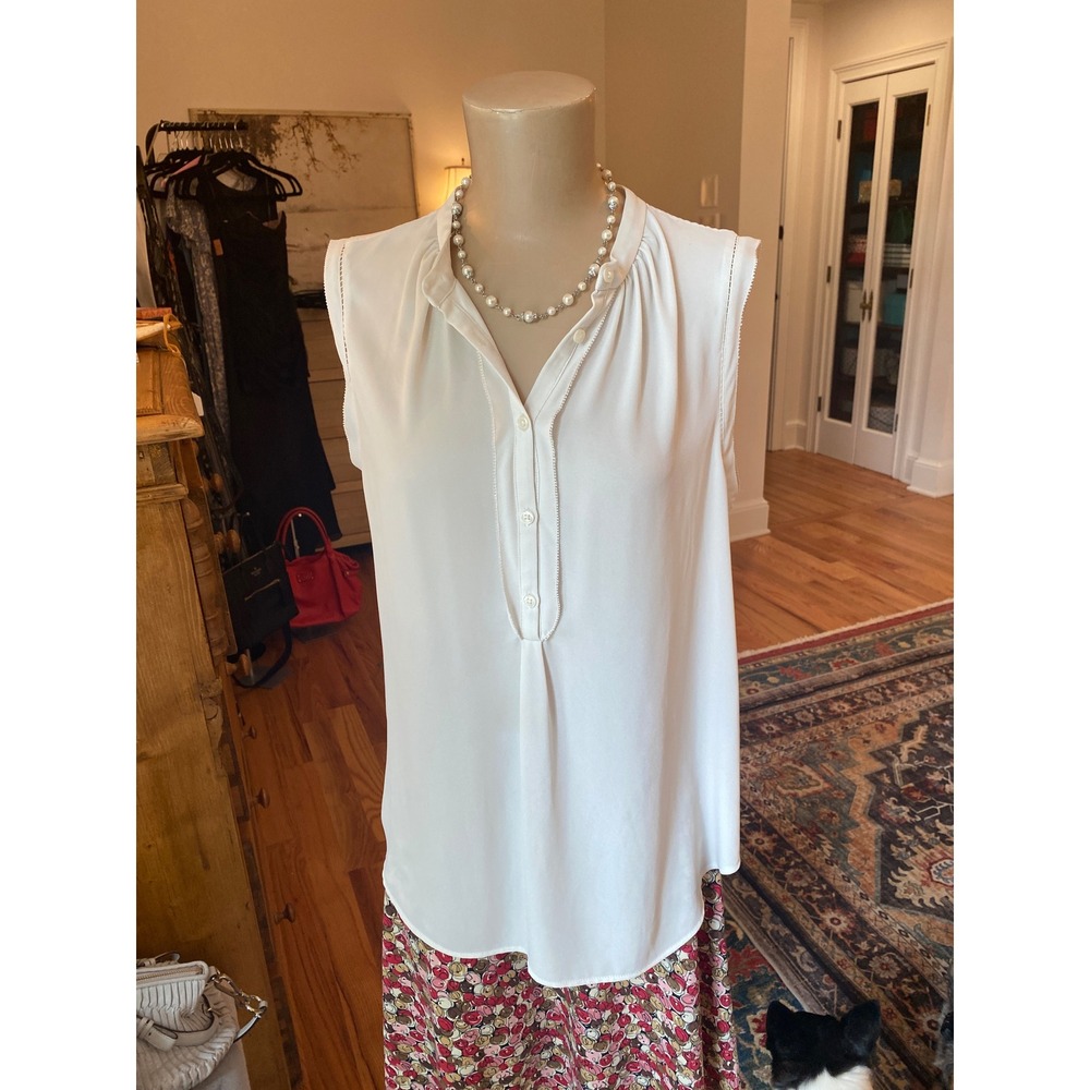 Ann Taylor Ivory Sleeveless Henley Blouse Ladder Stitch Trim Off White Top